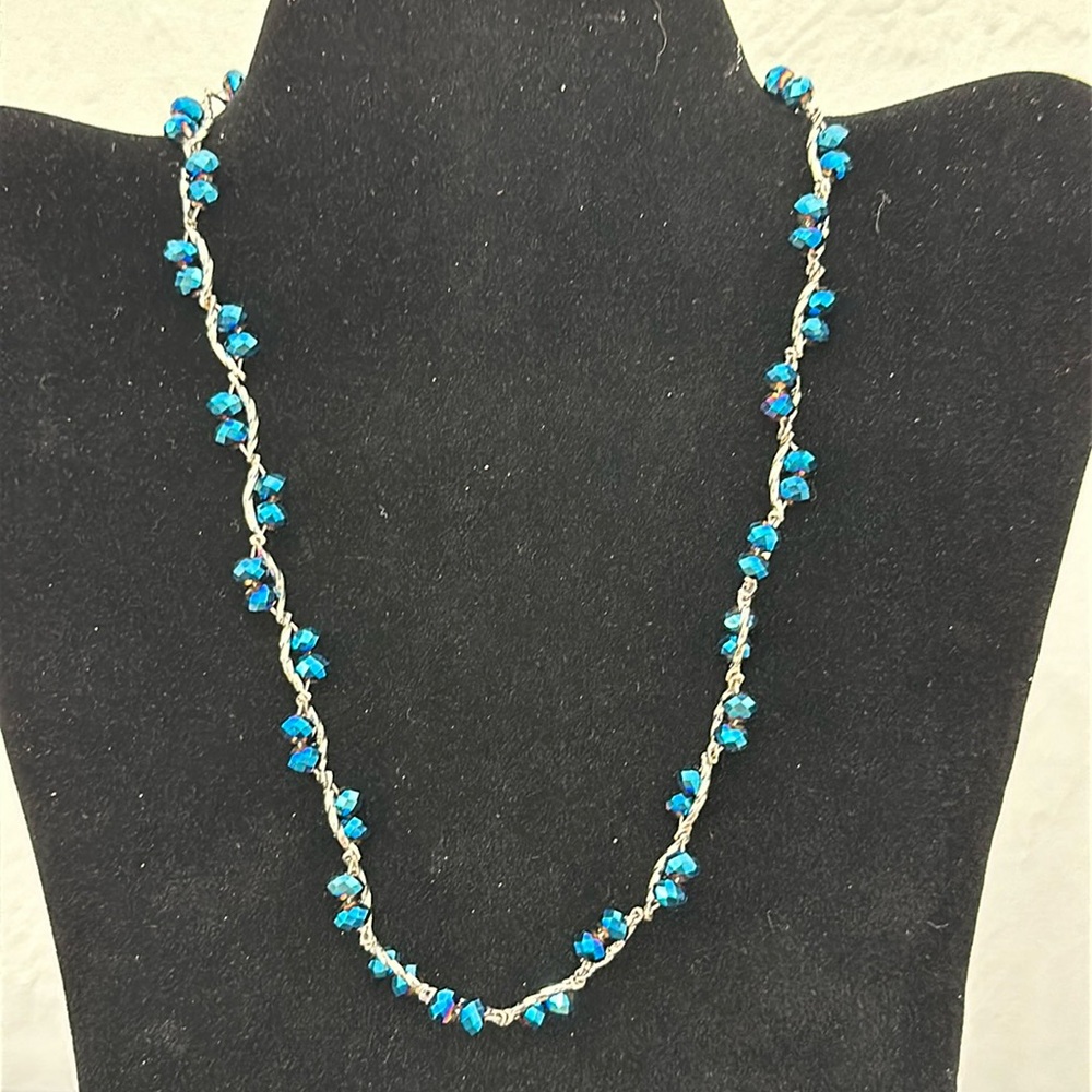 AB Crystal Midnight Blue Bendable Silver Vintage Wire Necklace